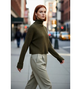 Kadın Oversize Super Crop Balıkçı Yaka Uzun Kollu Akrilik Triko Kazak Kışlık Günlük Şıklık
