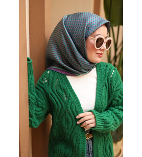Silk Home Mor-Turkuaz Geometrik Desenli Tivil İpek Eşarp IST11421-05