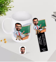 BK Gift Kişiye Özel Erkek Öğretmen Karikatürlü Kupa Bardak ve Ahşap Kitap Ayracı-1