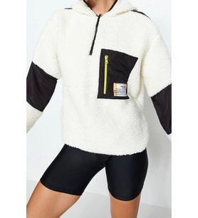 Oversize Fermuarlı Yaka Düşük Kol Paraşüt Kumaş Detaylı Peluş Geniş Kalıp Örme Spor Sweatshirt (Ekru)