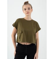 Maraton Comfort Kadın Bisiklet Yaka  Zeytin Crop Top