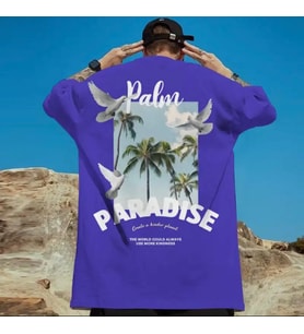 AMOR MAN ÖZEL TASARIM PARADİSE SIRT BASKILI PAMUK SÜPER SALAŞ MODERN ERKEK T-SHIRT (Mavi)