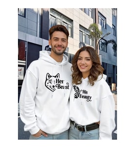 Sevgili Çift Kombin Hoodie Set His Beauty Her Beast Baskılı Unisex Oversize 3 İplik (Beyaz)