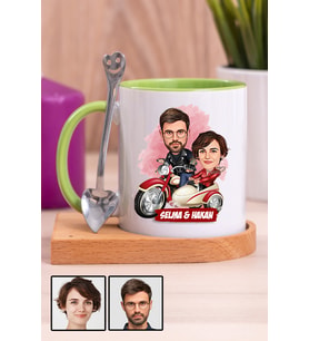Çiftlere Özel İlginç Hediye Motorsiklet Temalı Karikatürlü Ahşap Altlıklı Yeşil Kupa Bardak
