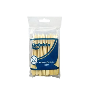Dolphin Ahşap Yassı Tutamaklı Saplı Çöp Şiş - Boy : 12 Cm. - 50 Adetlik 1 Paket
