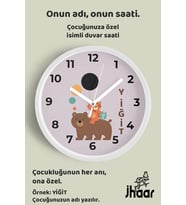 İsme Özel Sevimli Hayvanlar Çocuk Odası Duvar Saati Orta Boy 30 cm Beyaz Camlı Sessiz