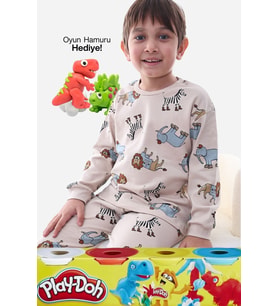 Animal Desenli İnterlok %100 Pamuk Çocuk Pijama Takımı (4'lü Oyun Hamuru HEDİYE)