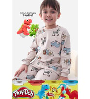 Animal Desenli İnterlok %100 Pamuk Çocuk Pijama Takımı (4'lü Oyun Hamuru HEDİYE)