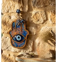 Nazar Boncuklu Fatıma Ana Eli Ahşap Desenli Hediyelik Duvar Süsü, 24 cm Hamsa (Mavi-Mavı)