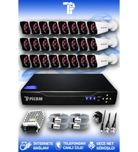 PICAM 24 Kameralı Kare 24 Dış Kamera Set HDD'siz Full HD Gece Görüşlü Güvenlik Kamerası Sistemi