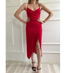 Kadın Askılı Yırtmaçlı Elbise Kırmızı