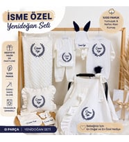 İsme Özel Yenidoğan Hastane Çıkış Seti - %100 Pamuk Nakışlı Tulum Seti & Hediye Seti- Erkek Bebek (Ekru-Lacivert)