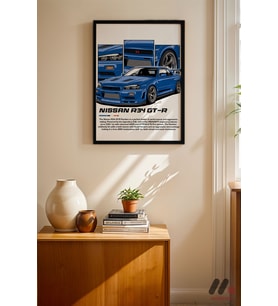 Nissan Skyline R34 GT-R Mavi JDM Poster, Siyah Çerçeveli Duvar Tablosu - Oto Severlere