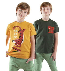 Skater Erkek Çocuk 2'li T-shirt Takım (Haki)