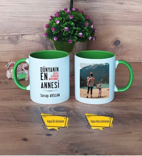 Anneler Günü Hediyesi Kupa Bardak Yeşil Fotoğraflı Anneye Doğum Günü Hediyesi