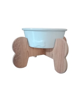 Seramik Kaseli Ahşap Ayaklı Tekli Orta/BÜYÜK IRK Köpek Mama/Su Stantı (Beyaz)