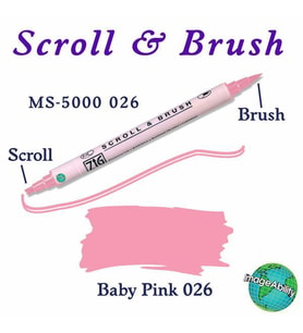 Zig Scroll & Brush Çift Çizgi ve Fırça Uçlu Kaligrafi ve Gölgeleme Kalemi 026 Baby Pink 