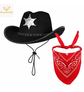 Çocuk Kovboy Şapka Rozetli Siyah &amp; Kırmızı Bandana Seti
