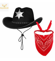 Çocuk Kovboy Şapka Rozetli Siyah &amp; Kırmızı Bandana Seti