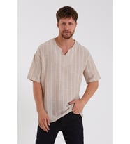 Erkek Bej Açık V Yaka Oversize Kısa Kollu Çizgili Gömlek 22Y-4300634-1