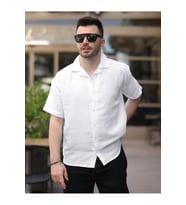Erkek Relax Fit Kısa Kollu Keten Gömlek (Beyaz)