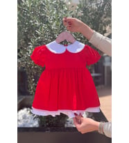 Beyaz Yaka Dantel Detaylı Kırmızı Kısa Kollu Kız Bebek Çocuk Tasarım Bayram Düğün Elbise