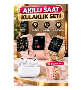 3 Kordonlu Pembe AMOLED Ekran Akıllı Saat ve Pro Kablosuz Bluetooth Kulaklık ANC/ENC Set