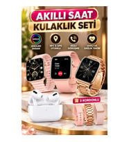 3 Kordonlu Pembe AMOLED Ekran Akıllı Saat ve Pro Kablosuz Bluetooth Kulaklık ANC/ENC Set