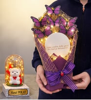 Led Işıklı Aynalı Mor Kelebek Buketi Kişiye Özel Led Işıklı Fanus Hediyeli (Model 3)