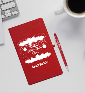 Yılbaşı Hediyesi Kırmızı Defter & Kalem Seti (Beyaz)