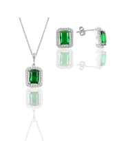 Gümüş rodyumlu kök zümrüt taşlı baget kesim ikili set SGTL11567YESIL