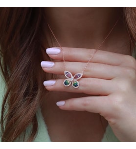 Beyaz Zirkon Taşlı Renkli Kelebek Model Rose Gold Kaplama Gümüş Kolye