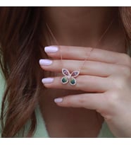 Beyaz Zirkon Taşlı Renkli Kelebek Model Rose Gold Kaplama Gümüş Kolye