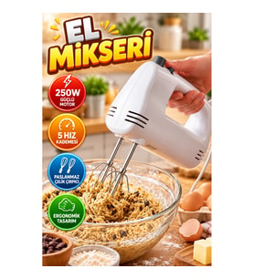 250W Elektrikli El Mikseri – 5 Hız Kademeli Paslanmaz Çelik Çift Çırpıcılı