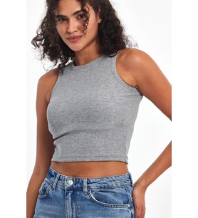 Kadın Gri Fitilli Görünümlü Askılı Kalın Esnek Örme Basic Crop Atlet Bluz CMRB93