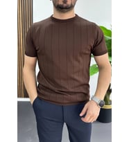 Erkek Bisiklet Yaka Çizgili Tişört Kahverengi Edw456