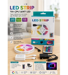 Kalemhane 5 Metre Tek Çip Şerit Led Kumandalı Adaptörlü