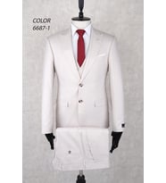 Slim Fit Sivri Yaka İki Düğme Çift Yırtmaç  Krem Rengi  Drop 6 Yelekli Takım Elbise