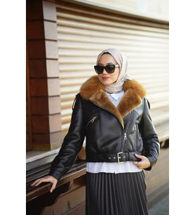 Kadın Hakiki Deri Oversize Kürklü Mont (Siyah)
