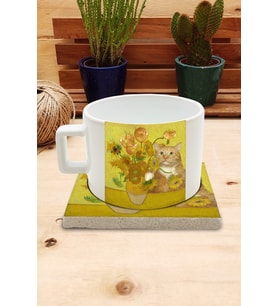 Kediler ve Sanat/Van Gogh Set 4 - Vase with Fifteen Sunflowers (Onbeş Ayçiçekli Vazo) Fincan Kupa-Taş Bardak Altlığı 10