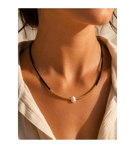 SİYAH, GOLD BONCUKLU İNCİ KOLYE 41+4CM ACR9871