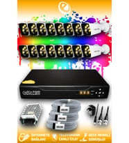 ELITCAM 16 Kameralı Kare 16 Dış Kamera Set HDD'siz Full HD Renkli Gece Görüşlü Güvenlik Kamerası Sistemi