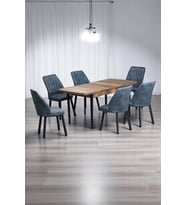 Luna Ceviz 80 x 132 Açılabilen Sunta Masa Siyah Metal Ayaklı Mutfak Masası 6 Kot Desen Füme Sandalye