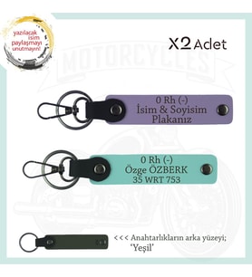 Motosiklet Aşıklarına, İsim Plaka ve 0 Rh (-) Kan Grubu, Acil Durum x2 Anahtarlık, Mor-Turkuaz-Ysl (Çok Renkli)