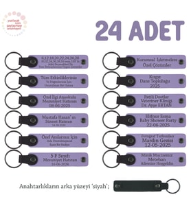 Müşterilerinize Kurumsal Hediye, 24'lü Set, İsim Yazılabilir Deri Anahtarlık, Mor Menekşe & Siyah (Lila - Mor)