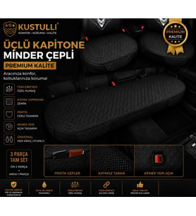 Kuştulli Terletmeyen kapitone oto koltuk minderi 3'lü set Cepli Model (Siyah)