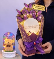 Kişiye Özel Aynalı Tasarım Led Işıklı Mor Kelebek Buketi (Renkli Işıklı Fanus Hediyeli) (Model 4)