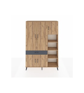 Arges Dolap 10 Raflı Tek Çekmeceli 5 Kapaklı 132x30x195 Çam-Çam/Antrasit