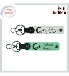 İsim ve Soyisimle Tamamen Size Özel Çocuk Ve Ayyıldız Temalı x2 Hediye Anahtarlık, Beyaz-Yeşil
