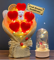 Size Özel Led Işıklı Kalp Buketi & Led Işıklı Unicorn Fanus Hediye Seti Romantik Hediye